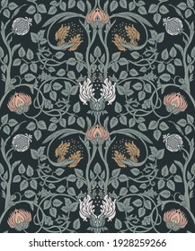 Blumenvintage nahtloses Muster für Retro-Wallpaper. Zauberhafte Vintage-Blumen.  Die Bewegung für Kunst und Handwerk inspirierte. Design für Wickelpapier, Tapete, Stoffe und Modebekleidung.