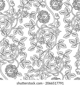 Blumenvintage nahtloses Muster für Retro-Wallpaper. Zauberhafte Vintage-Blumen; Die Bewegung für Kunst und Handwerk inspirierte. Design für Verpackungspapier; Bildschirmhintergrund; Stoffe und Modebekleidung.