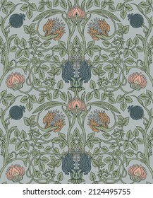 Blumenvintage nahtloses Muster für Retro-Wallpaper. Zauberhafte Vintage-Blumen.  Die Bewegung für Kunst und Handwerk inspirierte. Design für Wickelpapier, Tapete, Stoffe und Modebekleidung.