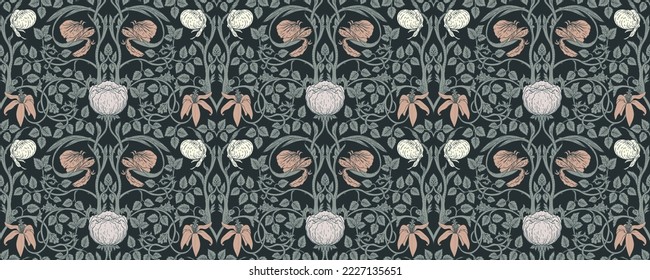 Floral vintage seamless pattern for retro wallpapers. Enchanted Vintage Flowers.  Arts and Crafts movement inspired. Design for wrapping paper, wallpaper, fabrics and fashion clothes.