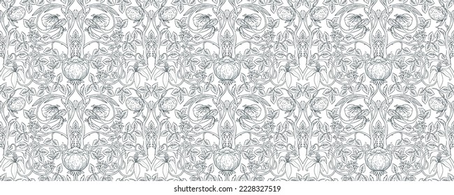 Floral vintage seamless pattern for retro wallpapers. Enchanted Vintage Flowers.  Arts and Crafts movement inspired. Design for wrapping paper, wallpaper, fabrics and fashion clothes.