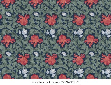 Floral vintage sin soldadura para fondo retro. Flores Vintage encantadas.  William Morris, el movimiento de Artes y Artesanías inspirado. Diseño para envolver papel, tapicería, tejidos y ropa de moda.