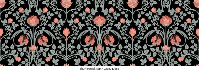 Floral vintage seamless pattern for retro wallpapers. Enchanted Vintage Flowers.  Arts and Crafts movement inspired. Design for wrapping paper, wallpaper, fabrics and fashion clothes.