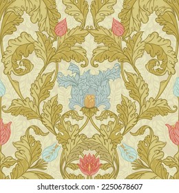 Floral vintage seamless pattern for retro wallpapers. Enchanted Vintage Flowers.  Arts and Crafts movement inspired. Design for wrapping paper, wallpaper, fabrics and fashion clothes.