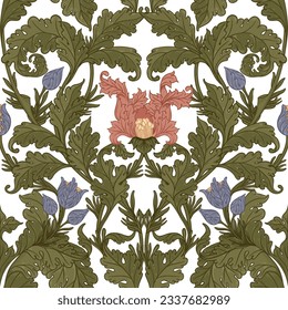 Floral vintage sin soldadura para fondo retro. Flores Vintage encantadas. El movimiento de las artes y las artesanías inspirado. Diseño para envolver papel, papel pintado y ropa.