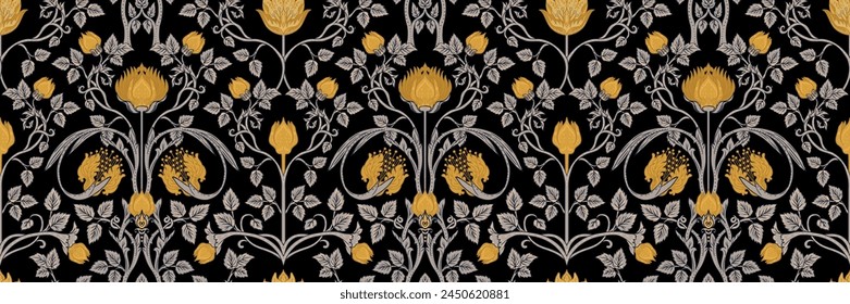 Blumenvintage nahtloses Muster für Retro-Bildschirmhintergrund. Verzauberte Klassische Blumen. William Morris inspirierte. Arts and Crafts Bewegung inspiriert. Design zum Verpacken von Papier, Bildschirmhintergrund, Stoffen