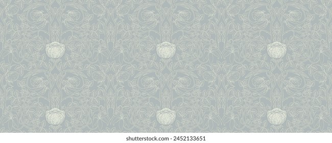 Blumenvintage nahtloses Muster für Retro-Bildschirmhintergrund. Verzauberte Klassische Blumen. Arts and Crafts Bewegung inspiriert. Design zum Verpacken von Papier, Bildschirmhintergrund, Stoffen.