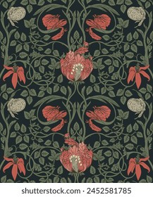 Patrón sin costuras vintage floral para Fondos de pantalla retro. Flores de Antiguas encantadas. Movimiento de Artes y Oficios inspirado. Diseño para papel de embalaje, Fondo de pantalla