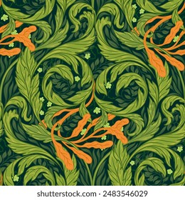 Floral vintage seamless pattern for retro wallpapers. Enchanted Vintage Flowers. Arts and Crafts movement inspired. Design for wrapping paper, wallpaper, fabrics