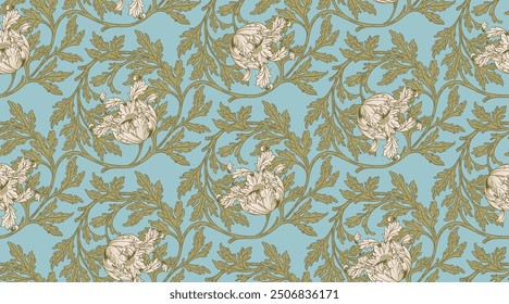 Floral vintage seamless pattern for retro wallpapers. Enchanted Vintage Flowers. Arts and Crafts movement inspired. Design for wrapping paper, wallpaper