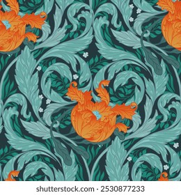 Floral vintage seamless pattern for retro wallpapers. Enchanted Vintage Flowers. Arts and Crafts movement inspired. Design for wrapping paper, wallpaper, fabrics