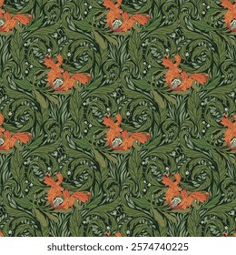 Floral vintage seamless pattern for retro wallpapers. Enchanted Vintage Flowers. Arts and Crafts movement inspired. Design for wrapping paper, wallpaper, fabrics