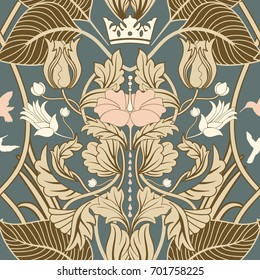 Floral vintage seamless pattern. Retro plants style. Vertical decorative flowers, modern motif. Colorful damask ornament