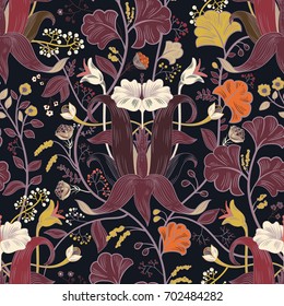 Floral vintage seamless pattern. Retro plants style. Vertical decorative flowers, modern motif. Colorful damask ornament