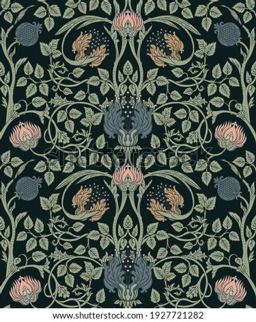 Floral vintage seamless pattern for retro wallpapers. Enchanted Vintage Flowers.  Arts and Crafts movement inspired. Design for wrapping paper, wallpaper, fabrics and fashion clothes.