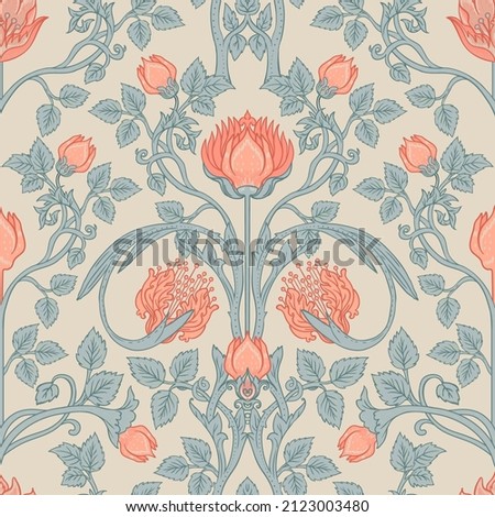 Floral vintage seamless pattern for retro wallpapers. Enchanted Vintage Flowers.  Arts and Crafts movement inspired. Design for wrapping paper, wallpaper, fabrics and fashion clothes.