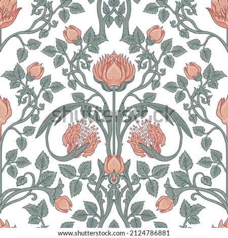Floral vintage seamless pattern for retro wallpapers. Enchanted Vintage Flowers.  Arts and Crafts movement inspired. Design for wrapping paper, wallpaper, fabrics and fashion clothes.