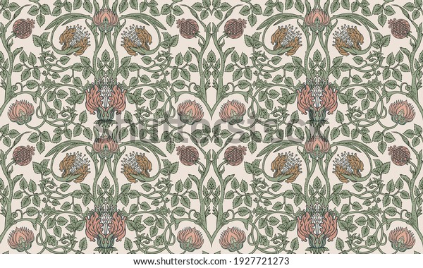 Floral vintage seamless pattern for retro\
wallpapers. Enchanted Vintage Flowers.  William Morris, Arts and\
Crafts movement inspired. Design for wrapping paper, wallpaper,\
fabrics and fashion\
clothes.