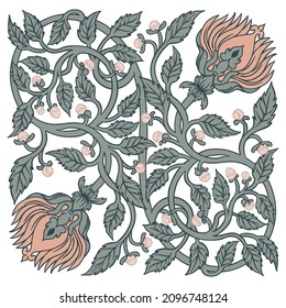 Floral vintage sin costuras para el pañuelo cuadrado de seda. Flores Vintage encantadas.  El movimiento de las artes y las artesanías inspirado. Diseño para envolver papel, tapicería, tejidos y ropa de moda.