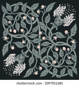 Floral vintage seamless pattern for silk square scarf. Enchanted Vintage Flowers.  Arts and Crafts movement inspired. Design for wrapping paper, wallpaper, fabrics and fashion clothes.