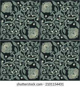 Floral vintage seamless pattern for silk square scarf. Enchanted Vintage Flowers.  Arts and Crafts movement inspired. Design for wrapping paper, wallpaper, fabrics and fashion clothes.