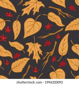 Floral vintage seamless pattern with tree leaves and twigs on dark background vector illustration
