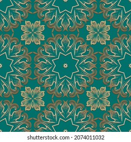 Floral vintage seamless pattern. Vector colorful Baroque style background. Repeat ornamental patterned backdrop. Beautiful flowery ornaments. Flourish patterns with golden flowers, leaves, mandalas.