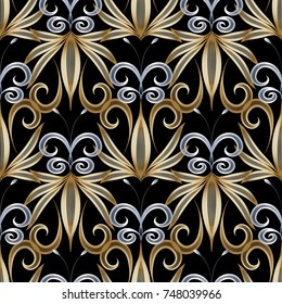 Floral vintage seamless pattern. Vector black background with hand drawn gold 3d flowers. Swirl butterflies. Golden ornaments. Surface texture. Ornate design for wallpapers, fabric, textile, prints. 