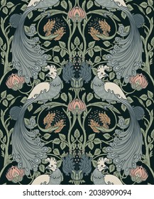 Blumenvintage nahtlose Muster mit Vögeln für Retro-Wallpaper. Zauberhafte Vintage-Blumen.  Die Bewegung für Kunst und Handwerk inspirierte. Design für Wickelpapier, Tapete, Stoffe und Modebekleidung.