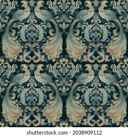 Floral vintage seamless pattern wit birds for retro wallpapers. Enchanted Vintage Flowers.  Arts and Crafts movement inspired. Design for wrapping paper, wallpaper, fabrics and fashion clothes.