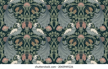 Floral vintage seamless pattern wit birds for retro wallpapers. Enchanted Vintage Flowers.  Arts and Crafts movement inspired. Design for wrapping paper, wallpaper, fabrics and fashion clothes.