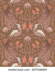 Blumenvintage nahtlose Muster mit Vögeln für Retro-Wallpaper. Zauberhafte Vintage-Blumen.  Die Bewegung für Kunst und Handwerk inspirierte. Design für Wickelpapier, Tapete, Stoffe und Modebekleidung.