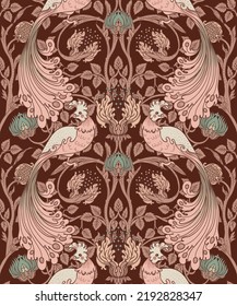 Floral vintage seamless pattern wit birds for retro wallpapers. Enchanted Vintage Flowers.  Arts and Crafts movement inspired. Design for wrapping paper, wallpaper, fabrics and fashion clothes.