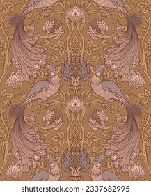 Floral vintage seamless pattern wit birds for retro wallpapers. Enchanted Vintage Flowers. Arts and Crafts movement. Design for wrapping paper, wallpaper, fabrics and clothes.