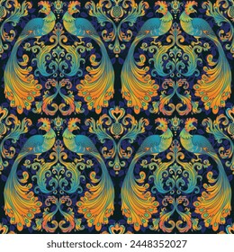 Floral vintage seamless pattern wit birds for retro wallpapers. Enchanted Vintage Flowers. Arts and Crafts movement inspired. Design for wrapping paper, wallpaper, fabrics