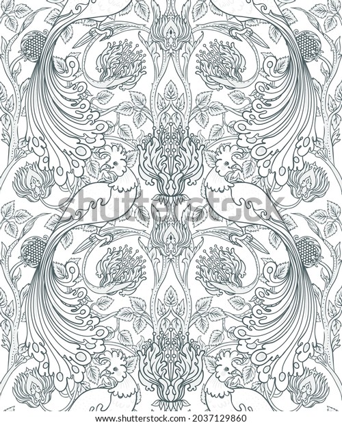Floral vintage seamless pattern wit birds for
retro wallpapers. Enchanted Vintage Flowers.  Arts and Crafts
movement inspired. Design for wrapping paper, wallpaper, fabrics
and fashion clothes.