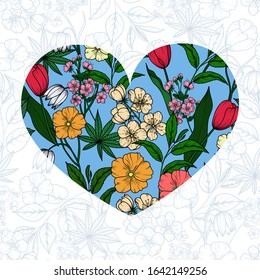 
Floral vintage Spring background with a heart from hand-drawn flowers of apple, cherry, sakura, tulips, snowdrops, tree branches and leaves. Vector eps 10.