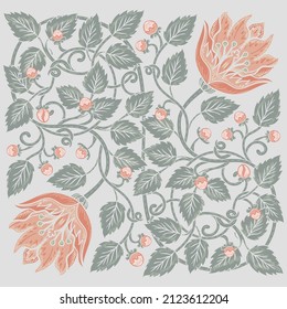 Floral vintage squared pattern for retro wallpapers. Enchanted Vintage Flowers. Arts and Crafts movement inspired. Design for wrapping paper, wallpaper, fabrics and fashion clothes.