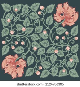 Floral vintage squared pattern for retro wallpapers. Enchanted Vintage Flowers. Arts and Crafts movement inspired. Design for wrapping paper, wallpaper, fabrics and fashion clothes.