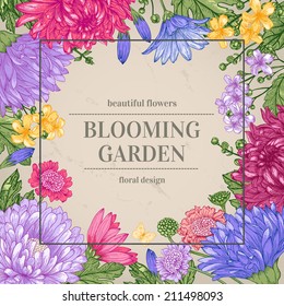 Floral vintage summer vector background. Garden asters, chrysanthemums, daisies on a beige background.