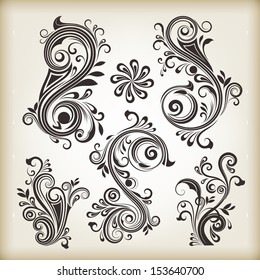 Floral vintage swirly design elements isolated on beige background. Set 26.