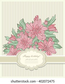  Floral vintage template for Happy birthday, invitation, greeting baby, kid card. Vector illustration.