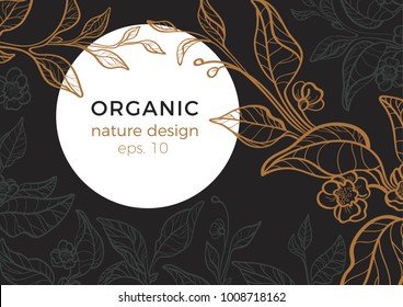 Floral vintage template Tea branch with leaf and art line flower Retro realistic style. Night, moon, garden. Copy space. Vector nature illustration on black background for card, menu, wallpaper eps.10