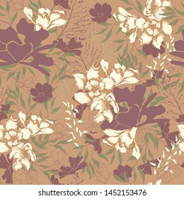 Floral vintage texture for fabric. Ornament of flowers and leaves on a brown background. Elegant natural ornament. Vintage texture for decoration of fabric, tile and paper and wallpaper on the wall.