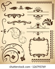 Floral vintage vector design elements isolated on aged color background. Set 20.