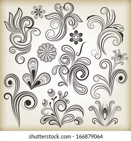 Floral vintage vector design elements isolated on beige background. Set 28.