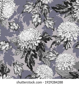 Floral vintage vector seamless pattern with chrysanthemum drawn by hand in monochrome tones. in freehand style. Hand drawn seamless pattern for floral wallpaper, textile, fabric, poster, package.