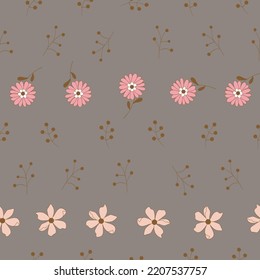Vintage-Vintage-Vektorgrafik nahtlos, Bohblumen, brauner Naturhintergrund, rosafarbene Blumen, Retro-botanisch, ideal für Stoff, Textilien, Tapeten und stationäre 