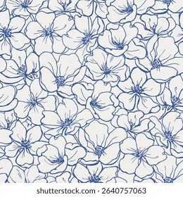 Floral vintage vector seamless pattern of apple, cherry flowers. Hand drawn background for design packaging, textile, wrapping paper, wallpaper, Fashion apparel, wedding. Blue beige, Line art