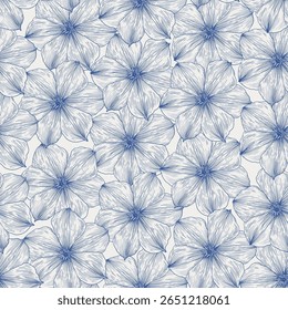 Vetor vintage floral padrão sem emenda de flores clematis. Fundo desenhado à mão para embalagem de design, têxtil, papel de embrulho, papel de parede, vestuário de moda, casamento. Azul-bege, gravado